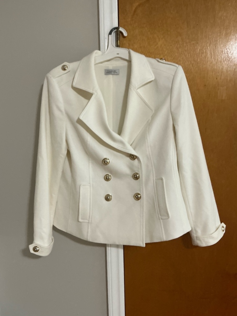Tahari White Double-Breasted Pea Coat with Gold Buttons